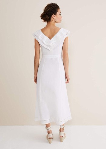 Phase Eight Julieta Linen Ruffle Broderie Dress White Canada | LZCMVU-378